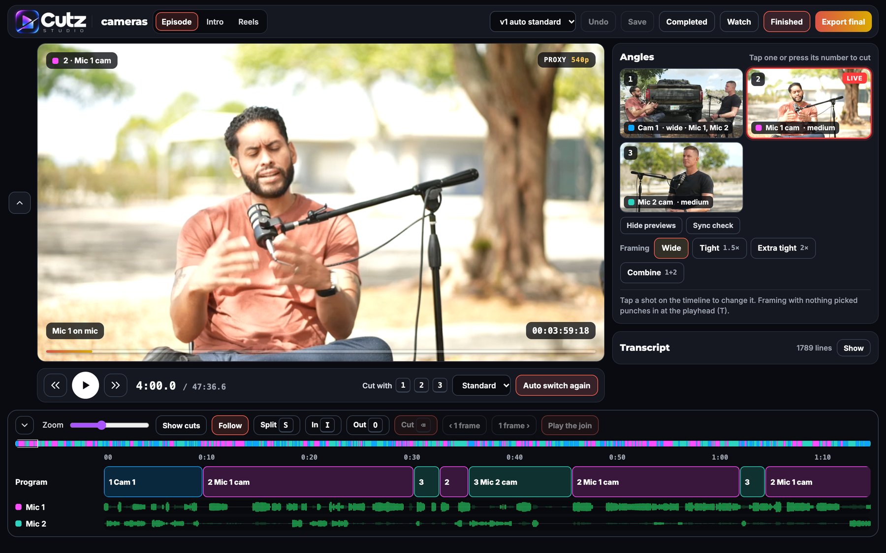 The Cutz episode editor: program monitor, three camera angles, mic lanes and the multicam timeline