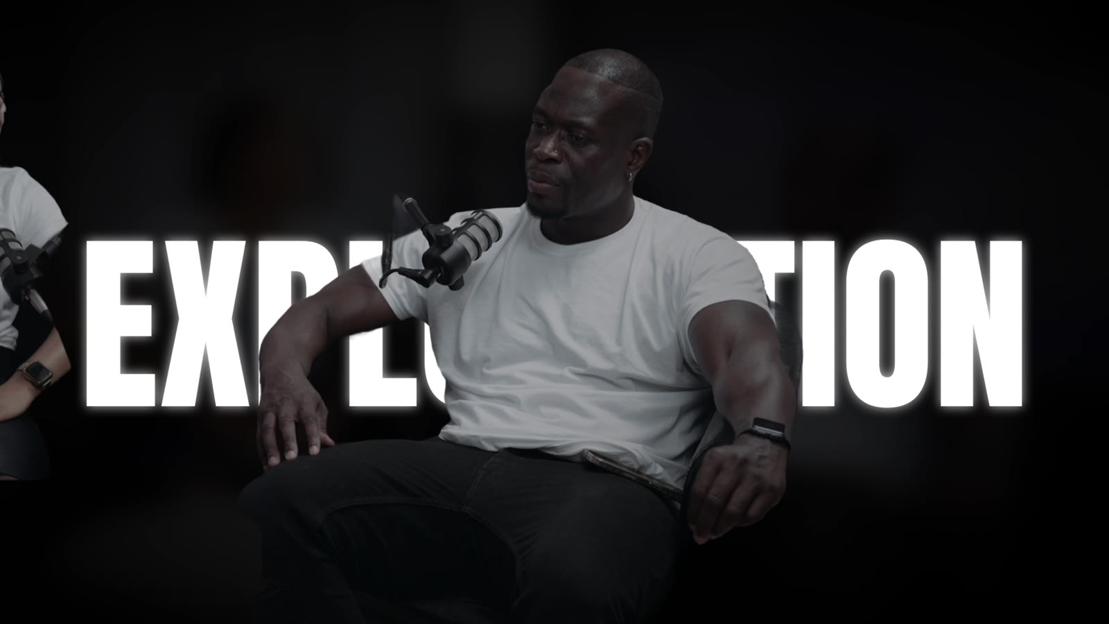 Podcast cold open frame with a huge word slam behind the guest