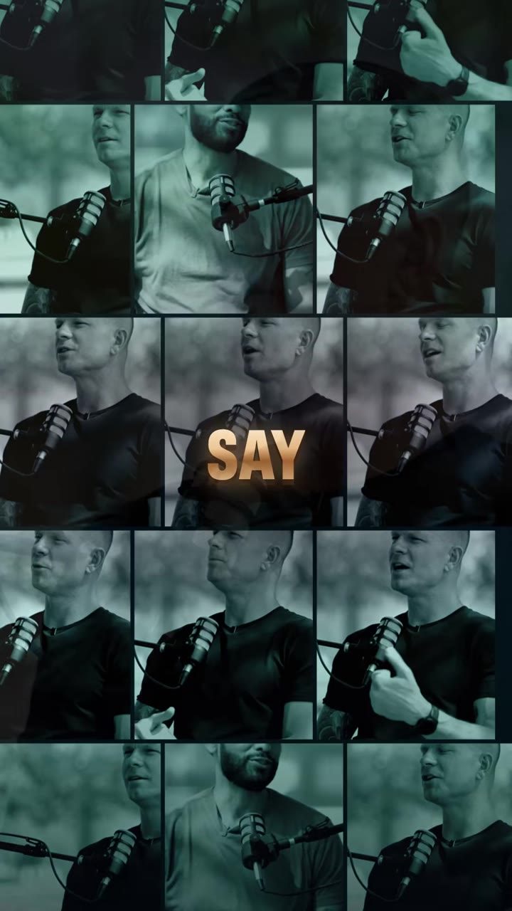 Podcast reel frame with a photo wall of the speakers behind one word