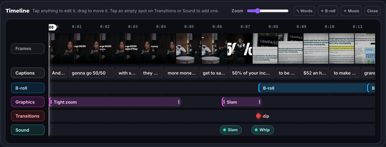 A podcast intro timeline with every lane in use: captions, b-roll, graphics, a dip transition and sound hits