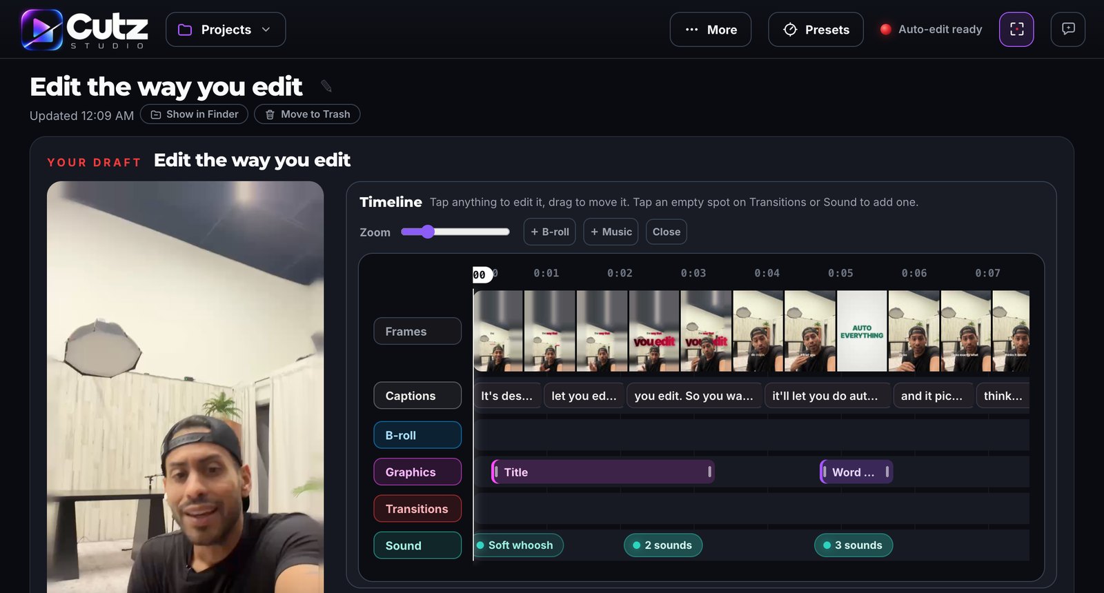 The Cutz Studio review screen with the draft playing beside a timeline of frames, captions, b-roll, graphics, transitions and sound